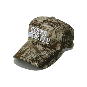 Macro detail of 3D embroidery God's Favorite text on camouflage baseball cap
