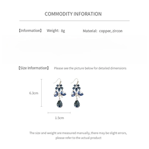 Detailed spec sheet for zircon flower drop earrings showing 6.3cm size and copper material