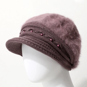 Winter Warm Knitted Visor Beanie Faux Rabbit Fur Plush Thickened Thermal Hat Elegant Faux Artificial Pearl Decor Fashionable