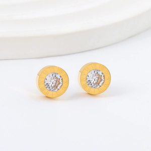 Classic gold titanium steel stud earrings with roman numerals and sparkling cubic zirconia
