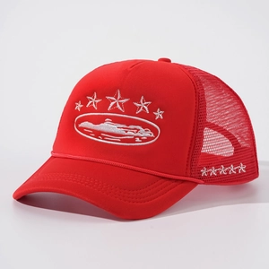 Red trucker hat with five embroidered stars and breathable mesh back for casual outdoor wear