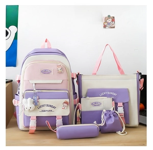 Five-piece purple and pink nylon school bag set featuring backpack, tote, and pencil case