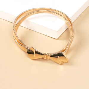 Detailansicht der goldenen Schleifenschnalle und des elastischen Metallgürtels für Damen