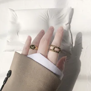 Retro butterfly seal ring and twisted band set in 18K gold plated stainless steel