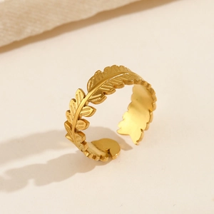 Retro Leaf Shape Adjustable Ring Gold Plated Stainless Steel For Women Vintage Minimalist Open Band Finger Jewelry