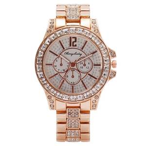Luxury rose gold women watch with crystal bezel and three functional sub-dials on white background