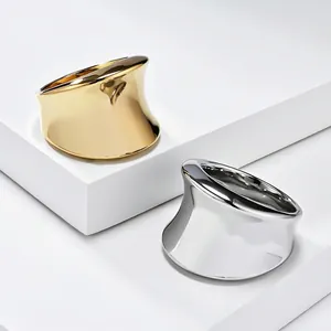 Stainless Steel Wide Band Ring High Polished Concave Asymmetric Minimalist Fashion Jewelry For Women Men