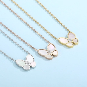 Elegant butterfly necklaces with mother of pearl and diamonds in silver, rose gold and gold