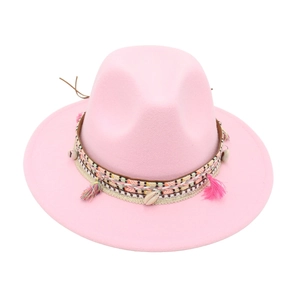 Pink felt jazz hat with ethnic woven band featuring shell and tassel details