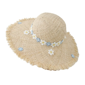 Summer raffia straw sun hat for women with floral embroidery and frayed brim detail