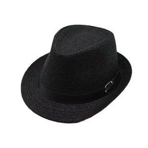 Classic black straw fedora hat with rolled brim and silver buckle band for men
