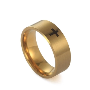 Anello in acciaio inossidabile dorato spazzolato con motivo a croce nera minimalista