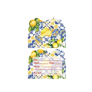 Detailed view of Mediterranean lemon party invitations with tile patterns and size specs