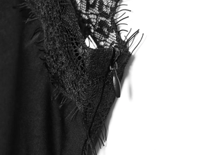 Close-up of black eyelash lace stitching and invisible zipper detail on satin dress