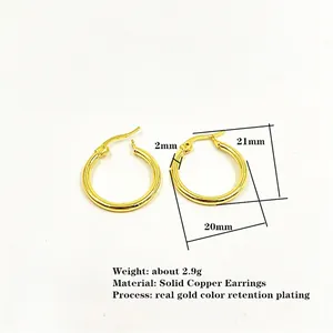 Minimalist gold plated solid copper hoop earrings for women, 21mm O-shaped jewelry
