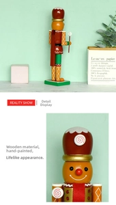 Macro detail of hand-painted wooden gingerbread nutcracker figure with golden accents