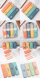 Detail view of portable wheat straw travel cutlery sets in various vibrant colors
