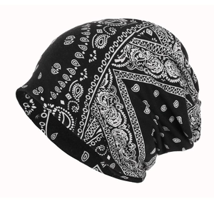 Soft cotton paisley beanie in black and white, hipster style streetwear headwear
