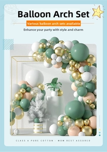 Detail of elegant balloon arch kit with sage green and gold metallic party balloons