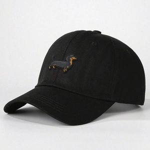 Detail of 3D embroidered dachshund dog on high-quality black cotton twill baseball cap