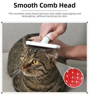 Detail of skin-friendly rounded grooming needles massaging a cat and removing loose fur