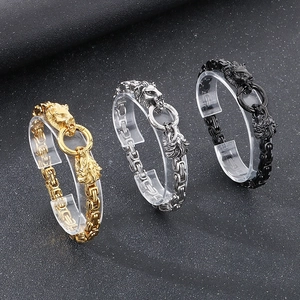 Three-color Byzantine chain bracelets with detailed lion head clasps in gold silver black