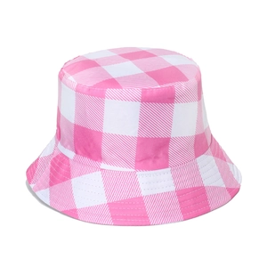 Detail view of pink and white gingham checkered bucket hat with breathable cotton fabric