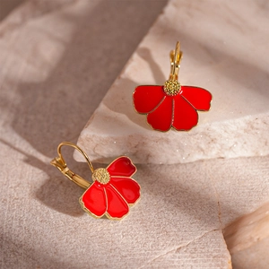 Retro red enamel flower petal hoop earrings with gold plated metal finish for women