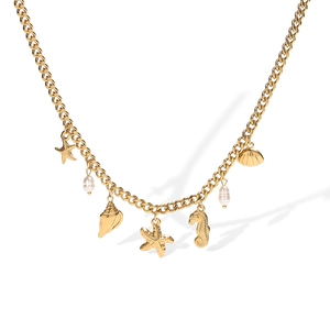 18K gold plated stainless steel ocean necklace with starfish, seashell and pearl charms