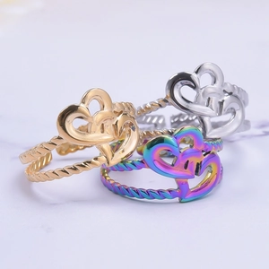 Adjustable stainless steel double heart rings in gold, silver and rainbow colors