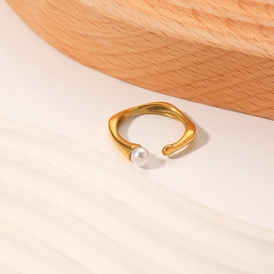 Minimalist 18k gold plated stainless steel open ring with a single elegant pearl accent