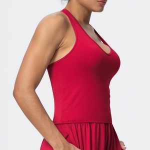 Close-up of red high-elastic fitness tank top featuring wide straps and durable stitching