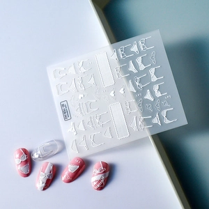5D embossed nail art stickers with white lace bikini designs and pink manicure samples