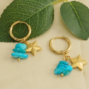 18k gold plated stainless steel hoop earrings with star charms and natural turquoise stones