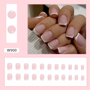 French tip press-on nails in pale pink and white square design with W900 model label