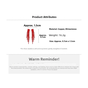 Detail showing dimensions of red rhinestone tassel earrings with 9.7cm length