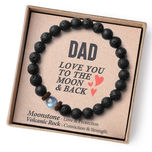 Lava rock and moonstone bead bracelet for Dad in a gift box with a heartfelt message card