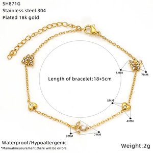 Detailed size specifications of gold plated butterfly and heart stainless steel bracelet