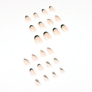 French tip press-on nails in olive green and nude pink almond shape set of 24 pieces