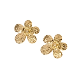 Polished gold flower stud earrings with hammered metal texture for women on white background