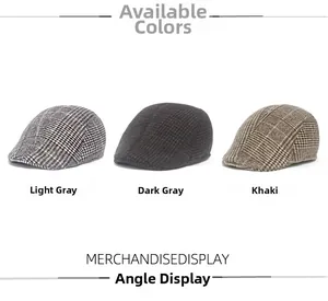 Three wool plaid flat caps in light grey, dark grey, and khaki with vintage check pattern