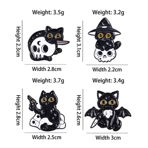 Cartoon Halloween black cat skull enamel pins set with detailed size and weight specs