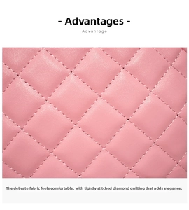 Close-up of pink quilted rhombus stitching and premium leather texture on a crossbody bag