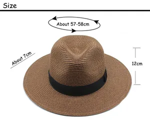 Size chart for unisex straw panama hat showing head circumference, brim, and height