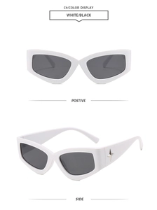Detailed views of white Y2K cat-eye sunglasses featuring silver star decor and dark lenses