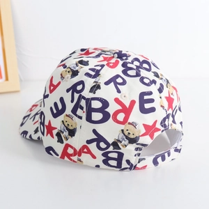 Detail of adjustable strap and bear print on kids baseball cap from back view