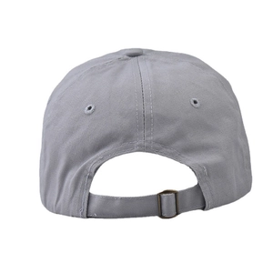 Detail view of the gray washed cotton baseball cap with adjustable metal buckle strap back