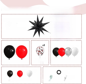 Detailed breakdown of red and black balloon arch kit with sizes and quantity specifications