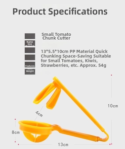 Detail showing 13x5.5x10cm yellow fruit slicer dimensions and lightweight PP material specs