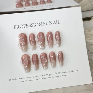 Handmade Press On Nails 3D Relief Camellia Rose Artificial Pearl Gradient Long Coffin French Elegant Luxury Glossy Finish